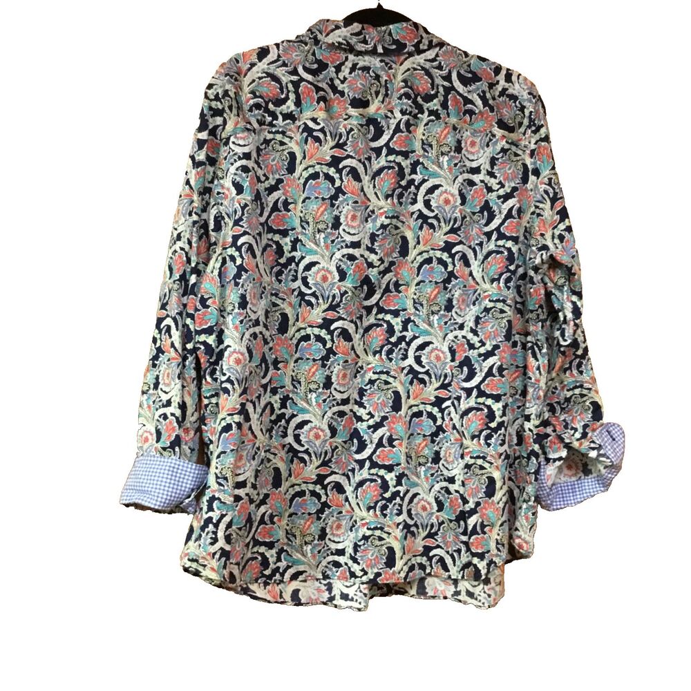 Chaps Womens Button Down Shirt Paisley w/ Blue Check Neck and Cuffs 3/4 Sleeve2X